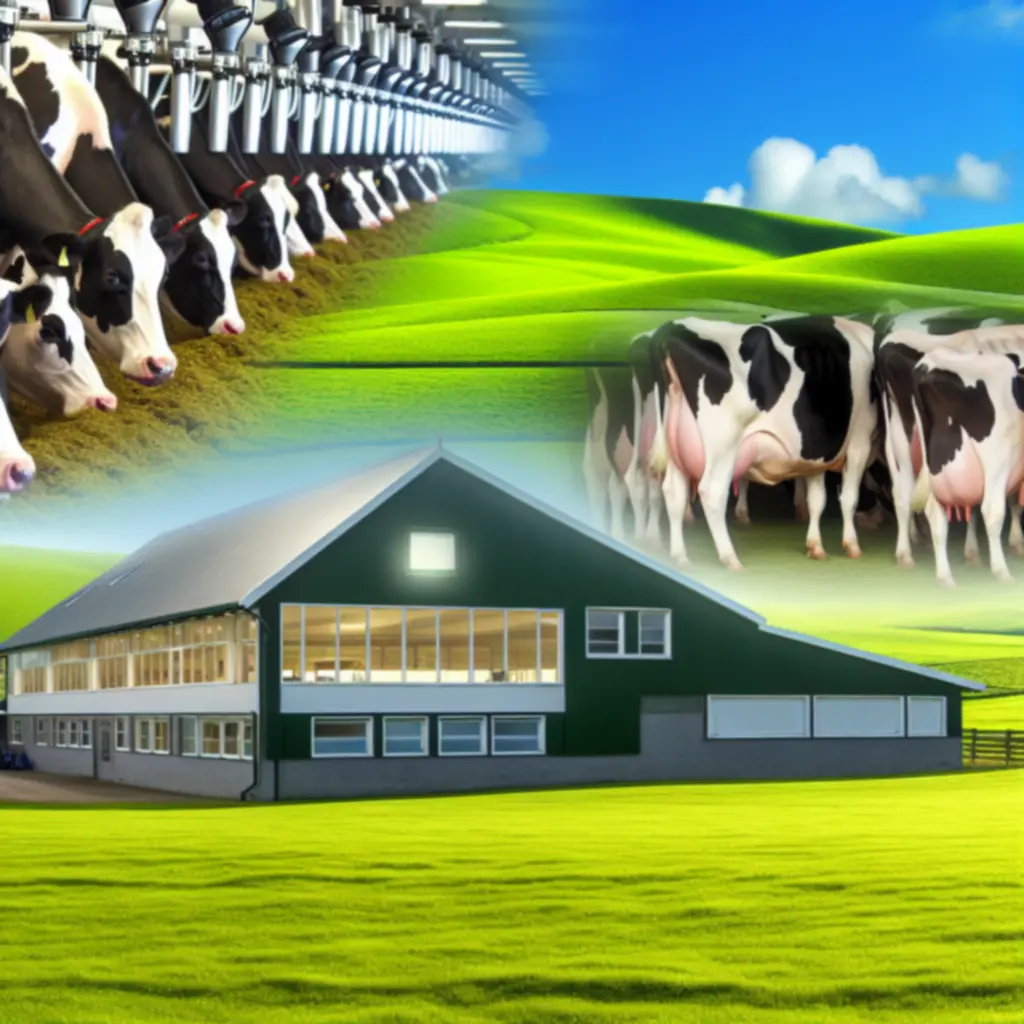 Melkveebedrijf met koeien in een groene weide onder een heldere lucht