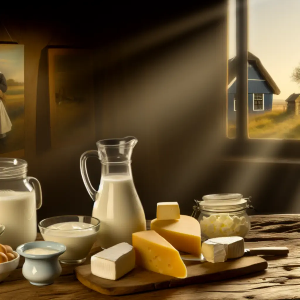 Verse zuivelproducten: melk, yoghurt, kaas en boter op een houten tafel