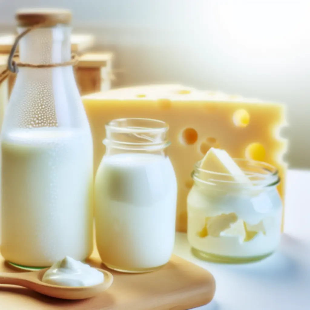 Selectie van zuivelproducten: flessen melk, blok kaas en pot yoghurt