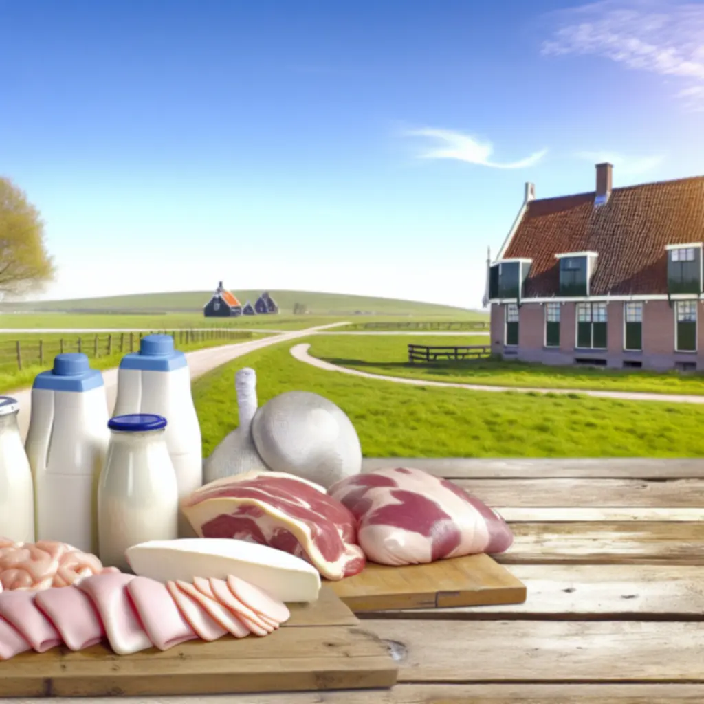 Verse melk en vleesproducten op een houten tafel, met zicht op een Nederlandse boerderij