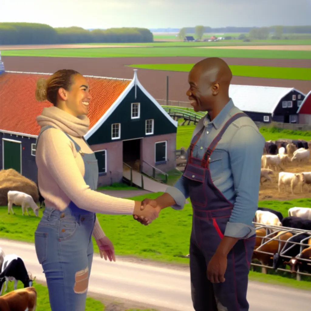 Samenwerking op de boerderij: leverancier en inkoper schudden elkaar de hand